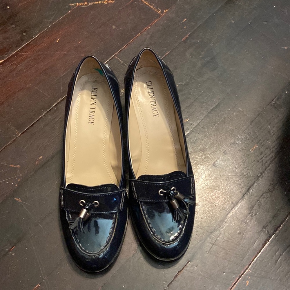 Ellen Tracy - Navy patent leather loafers with chunky heel.